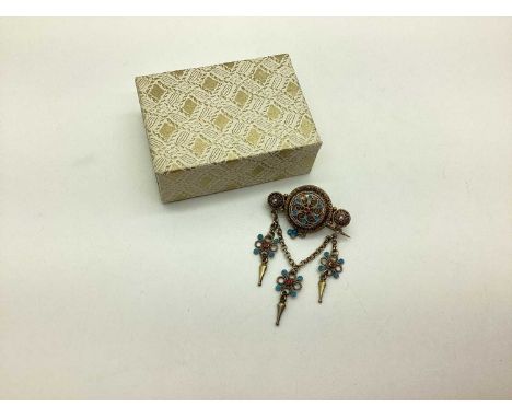 A Scandinavian Filigree and Enamel Gilt Brooch, highlighted in blue and red, indistinct makers mark, stamped "830". [2080730]