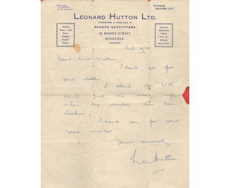 Cricket Legend Len Hutton Signed ALS on Personal Headed Paper Dated October 6th, 1953. Showing Signs of Age. Great Item. Good