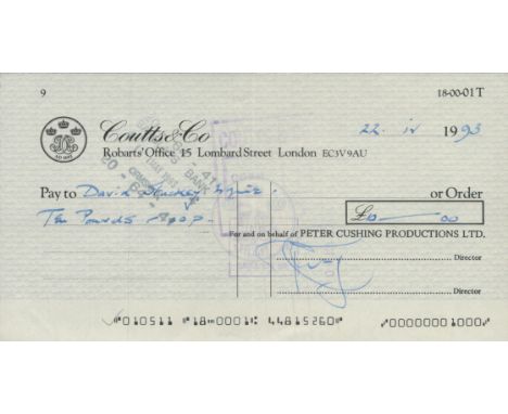 Peter Cushing signed Coutts and Co vintage cheque dated 1993. Was an English actor. His acting career spanned over six decade