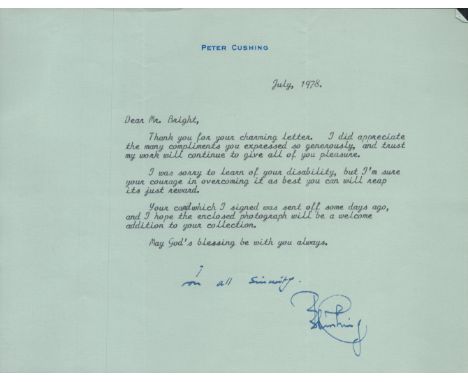 Peter Cushing A Good 1978 Hand Signed Typed Letter With Full Vintage Signature In Blue Fountain Pen Ink; From The Private Col