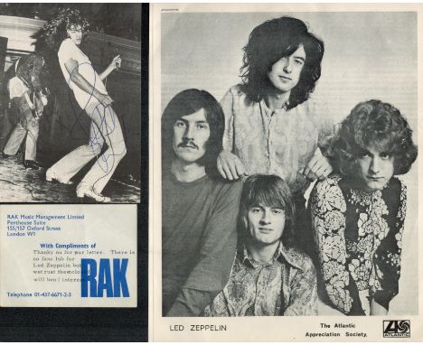 Led Zeppelin collection includes Jimmy Page and Robert Plant signed 6x4 inch black and white postcard photo an vintage press 