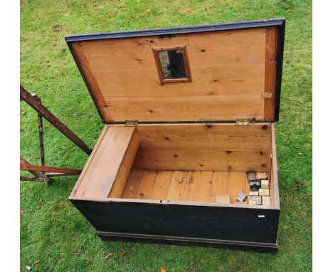 Two pine blanket boxes, one larger than the other, two pine decorators ladders and a wooden bound travelling trunk.
