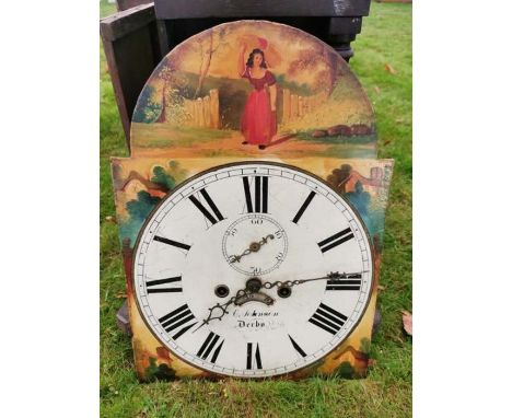 A 19th century mahogany and painted face longcase clock by E Johnson of Derby.