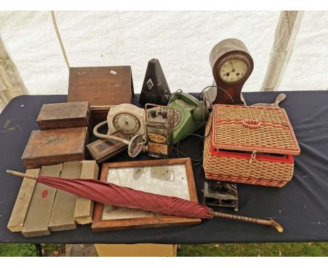 2 boxes to include; green bakelite phone, clocks, mahogany tea caddy, plated cutlery, agate box, wicker sewing box, parasol, 
