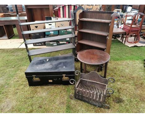 An antique tin trunk with brass fittings by Mars Jones&nbsp;Bros &amp; Co, Wolverhampton. An oak coffee table, 2 oak bookshel