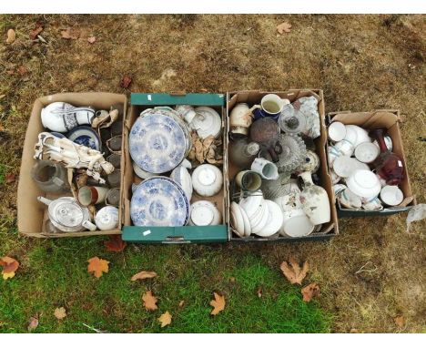 4 boxes of china and glass to include; a tea set, early 19th century blue and white plates, German bisque figure, two small 1