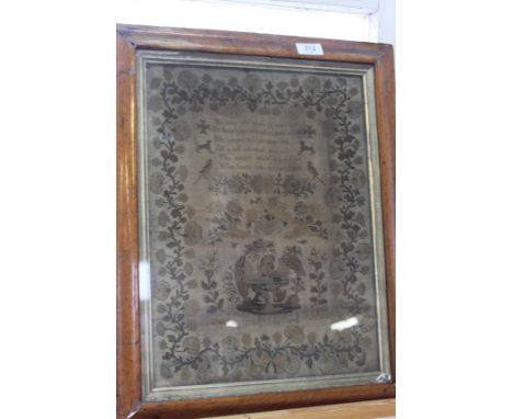 A 19th Century floral, bird and animal sampler by Mary Anne Ward, 17" x 13"