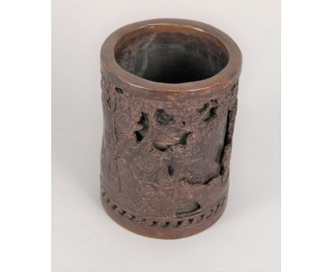 A Chinese bronze brush pot with figure and landscape decoration, height 5 1/2"