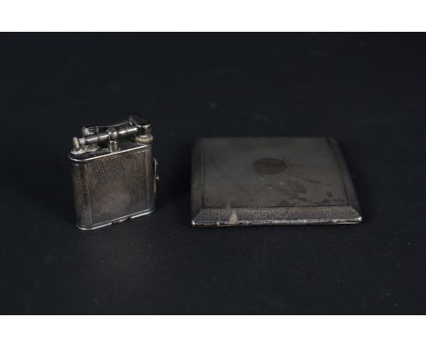 A silver cigarette case with engine turned decoration together with a vintage white metal Dunhill lighter