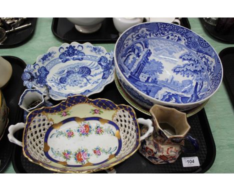 A Clarice Cliff floral bowl, Royal Albert Old Country Roses lidded jar plus Copeland, Masons and other china (two trays)