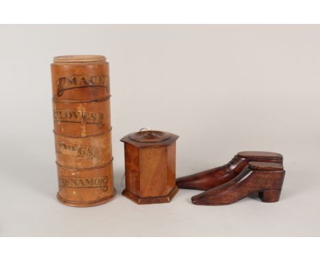 A pair of Georgian mahogany shoe snuff boxes, a hexagonal fruit wood string box plus a spice tower (top missing)
