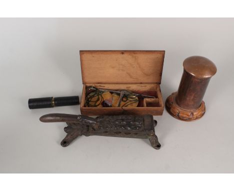 Cased brass snuff scales, Victorian iron cork press, copper money box, leather and brass sovereign and 1/2 sovereign holder