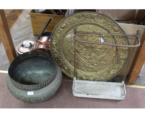 A brass and iron stick stand (as found), an Indian brass jardiniere plus a brass plaque