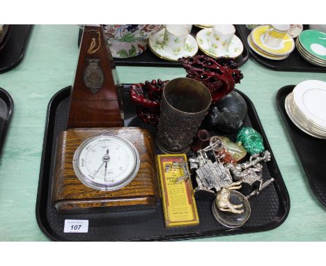 A metronome, barometer, electrotype beaker and sundries including a malachite frog