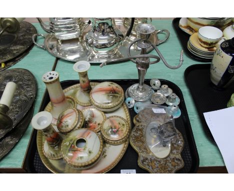 A Noritake trinket set, silver plated candelabra, small Peruvian mirror plus a silver mustard