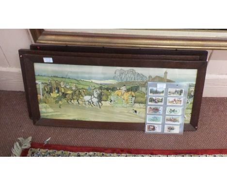 Three Harry Elliott hunting and coaching prints plus a set of Players cycling cigarette cards