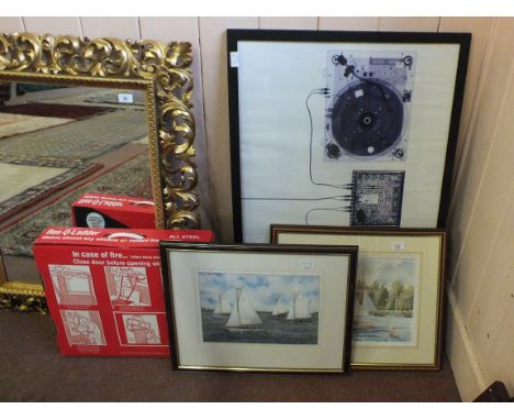 A boxed Res Q fire escape ladder, a contemporary print of gramophone decks plus two Tony Barron watercolours 'Broads Boat Rac