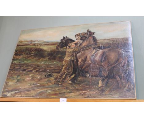 James Clark unframed oil laid on canvas of a hunting scene with man and two horses to foreground, 22" x 32"