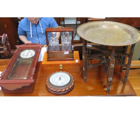 SUNDRY LOT INCLUDING BRASS CHESS PIECES, CAIRO TABLE, BAROMETER, TANTALUS AND WALL CLOCK