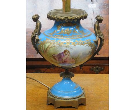 CONTINENTAL STYLE ORMOLU MOUNTED TABLE LAMP WITH HANDPAINTED AND GILDED DECORATION, SIGNED LANCRY