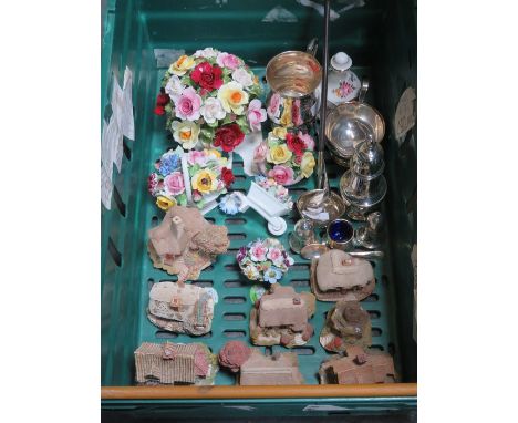 MIXED LOT INCLUDING PLATED LADLE, DANISH MINIATURE GOLF CLUB AND OTHER PLATEDWARE, COTTAGES, FLORAL ARRANGEMENTS, ETC. 