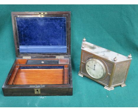 BRASS INLAID WRITING BOX AND COPPER ARTS & CRAFTS MANTEL CLOCK BY MAPPIN & WEBB