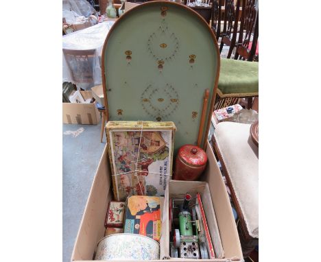 BOX LOT CONTAINING JIGSAWS, MARBLES, BAGATELLE BOARD AND MAMOT STEAM TRACTOR, ETC. 