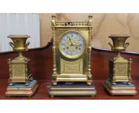 FRENCH STYLE GILT METAL MANTEL CLOCK ON STAND AND GARNITURES ON STANDS 