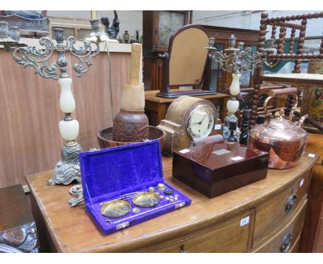 SUNDRY LOT INCLUDING CANDELABRAS, COPPER KETTLE, CANDLESTICKS, MANTEL CLOCK, STORAGE BOX, CASED WEIGHING SCALES, ETC. 