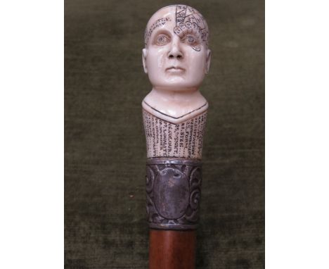 SILVER BANDED BIRDS EYE MAPLE WALKING STICK WITH CARVED IVORY(?) PHRENOLOGY BUST TOP 