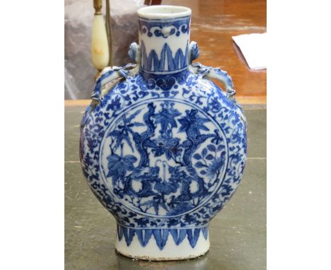 ORIENTAL BLUE AND WHITE CERAMIC MOON FLASK 