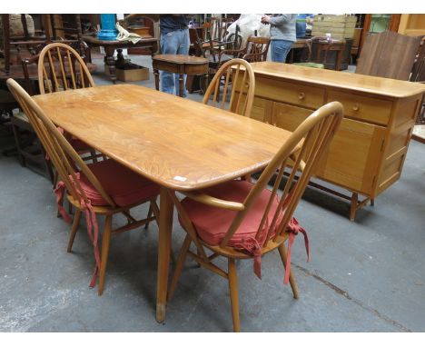 ERCOL LIGHT OAK DINING TABLE, FOUR CHAIRS AND SIDEBOARD 