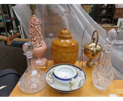 SUNDRY LOT INCLUDING CERAMIC TABLE LAMP, STONEWARE POT WITH COVER, BRASS SPIRIT KETTLE ON STAND, TWO GLASS DECANTERS AND TWO 