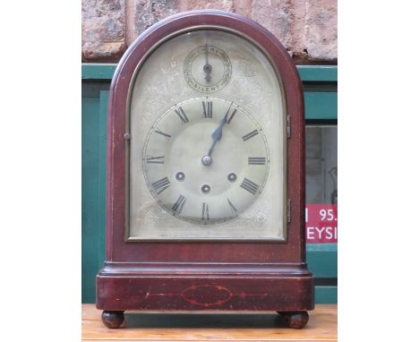 MAHOGANY BRACKET CLOCK WITH SILVER COLOURED DIAL 