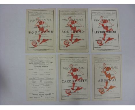 BRENTFORD RESERVES, 1951/1952, 6 football programmes from the season, all homes, Arsenal [Cup], Cardiff City, Crystal Palace 