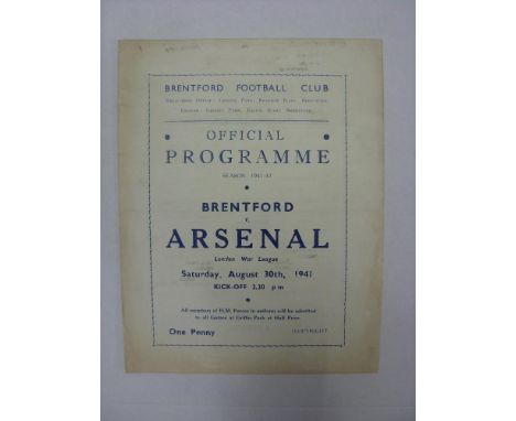 ARSENAL, 1941/1942, Brentford versus Arsenal, a football programme from the fixture played in The London War League, on 30/08