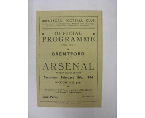 ARSENAL, 1943/1944, Brentford versus Arsenal, a football programme from the fixture played in The Football League South, on 0