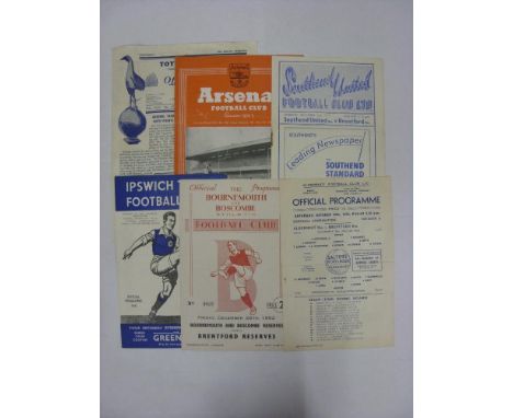 BRENTFORD RESERVES, 1952/1953, 6 football programmes from the season, all away's, Aldershot, Arsenal [Cup], Bournemouth, Ipsw