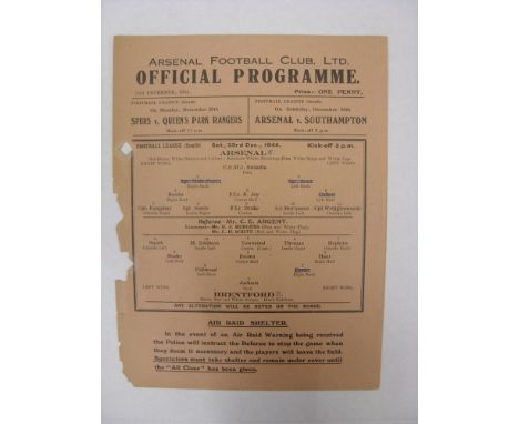 ARSENAL, 1944/1945, versus Brentford, a football programme from the fixture played in The Football League South War Time fixt