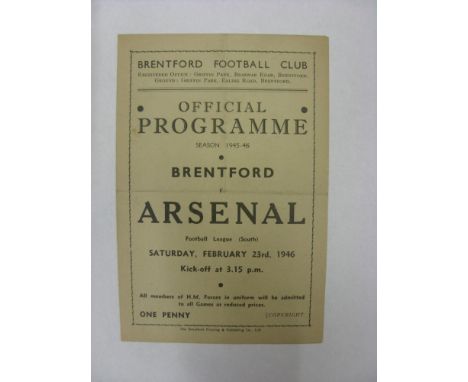 ARSENAL, 1945/1946, Brentford versus Arsenal, a football programme from the fixture played in The Football League South, on 2