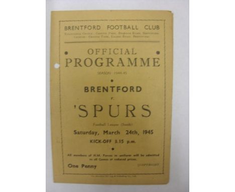 TOTTENHAM HOTSPUR, 1944/1945, Brentford versus Tottenham Hotspur, a football programme from the fixture played in The Footbal