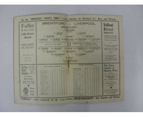 LIVERPOOL, 1935/1936, Brentford versus Liverpool, a football programme from the fixture played on 14/12/1935 (creased, rusty 