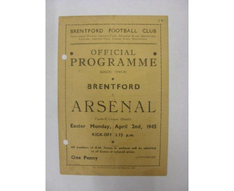 ARSENAL, 1944/1945, Brentford versus Arsenal, a football programme from the fixture played in The Football League South, on 0