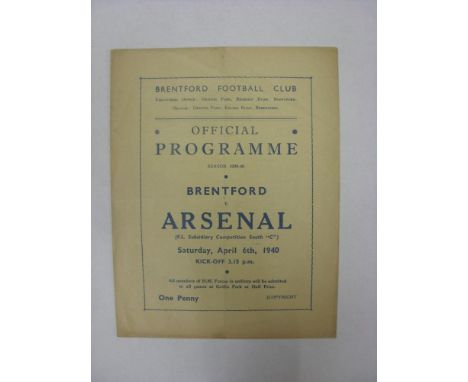 ARSENAL, 1939/1940, Brentford versus Arsenal, a football programme from the fixture played in The Football War Subsidiary Com