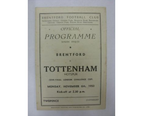 LONDON CHALLENGE CUP SEMI-FINAL, 1950/1951, Brentford versus Tottenham Hotspur, a football programme from the fixture played 