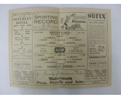 TOTTENHAM HOTSPUR, 1947/1948, Brentford versus Tottenham Hotspur, a football programme from the fixture played on 20/03/1948 