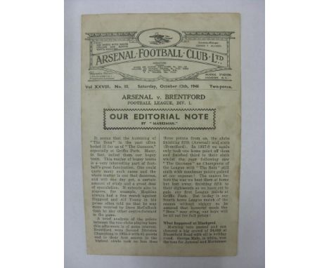 ARSENAL, 1946/1947, versus Brentford, a football programme from the fixture played on 12/10/1946 (creased, marked).