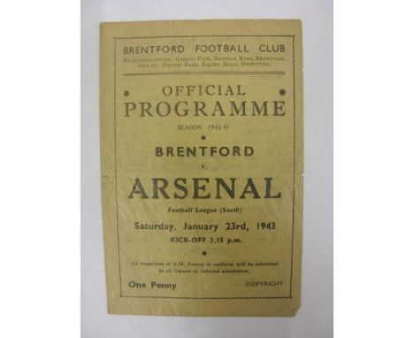 ARSENAL, 1942/1943, Brentford versus Arsenal, a football programme from the fixture played in The Football League South, on 2