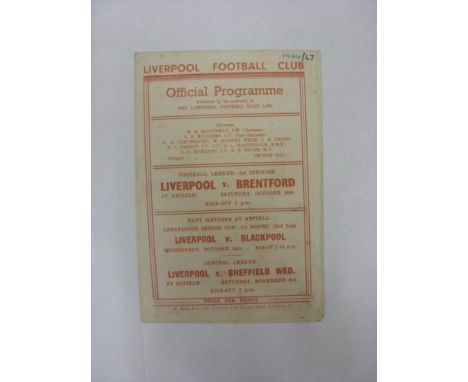 LIVERPOOL, 1946/1947, versus Brentford, a football programme from the fixture played on 26/10/1946 (team changes, staple remo