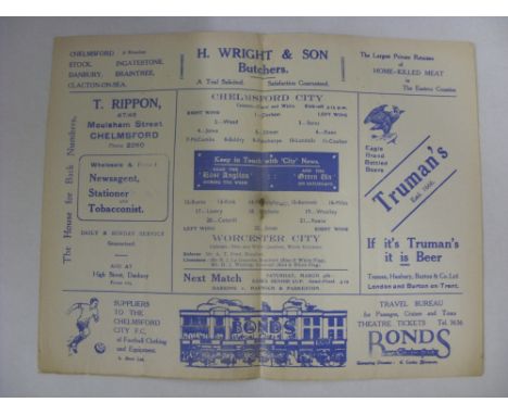 CHELMSFORD CITY, 1938/1939, a football programme from the Southern League fixture against Worcester City, played on 25/02/193